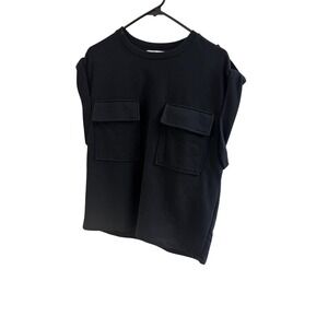 ZARA Black Sleeveless Top with Dual Front Pockets Button Shoulder Detail Sz S